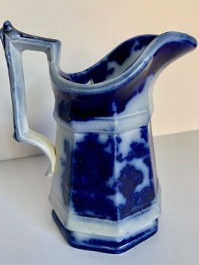 Antique Flow Blue Creamer – “Temple” Pattern – Paneled Ironstone – Victorian